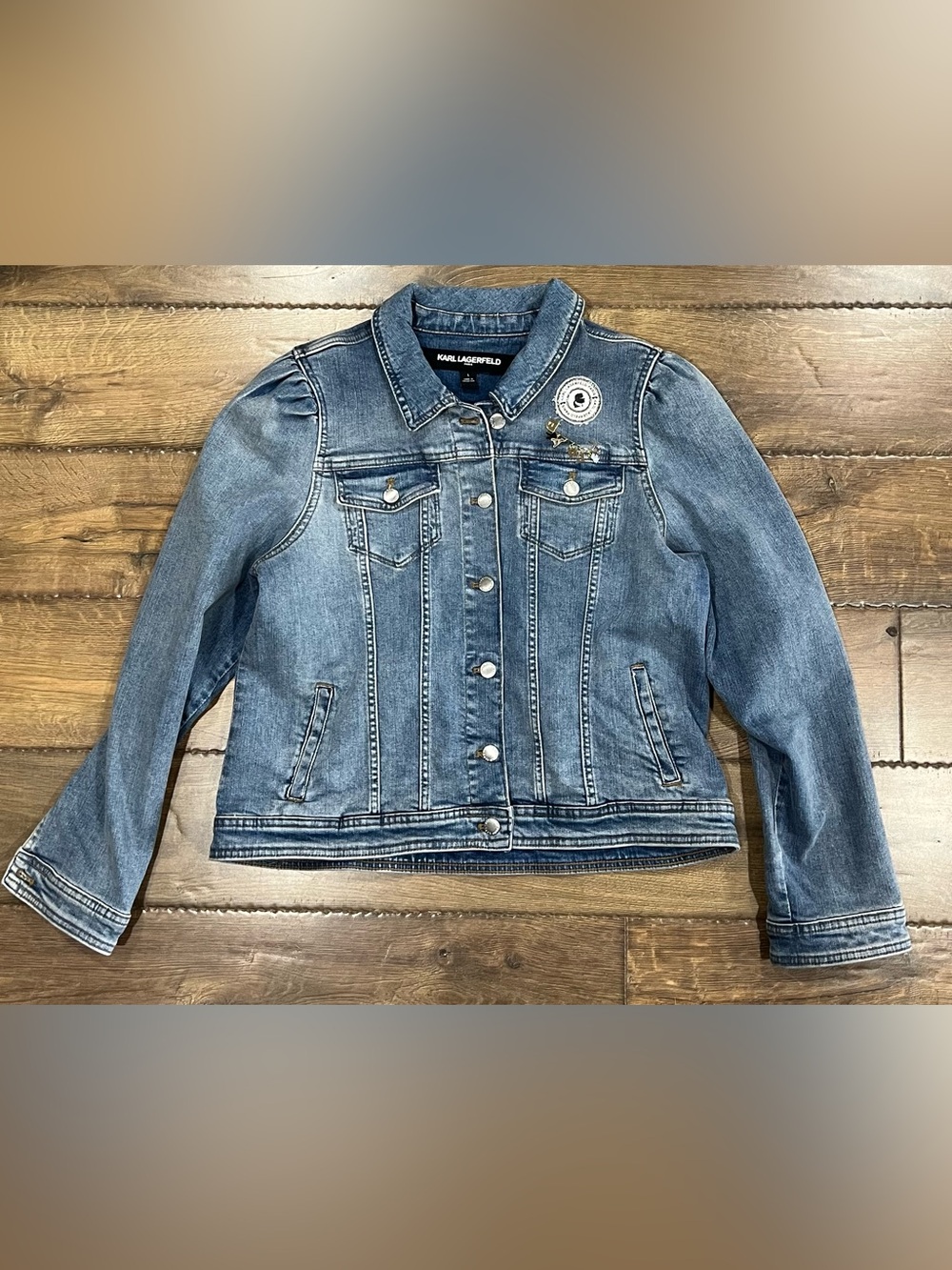 Karl Lagerfeld Denim Jacket in Blue with Kip pins EUC size Large